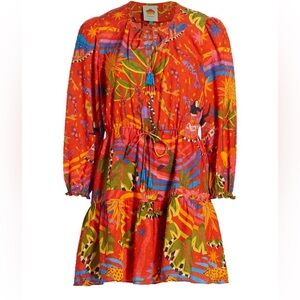 FARM Rio Red Magic Forest V Neck Mini Dress with beaded tassels, size S